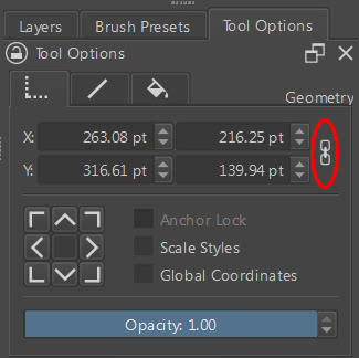 Krita: Opções Ferramenta de Seleção de Formas - Aba Geometria